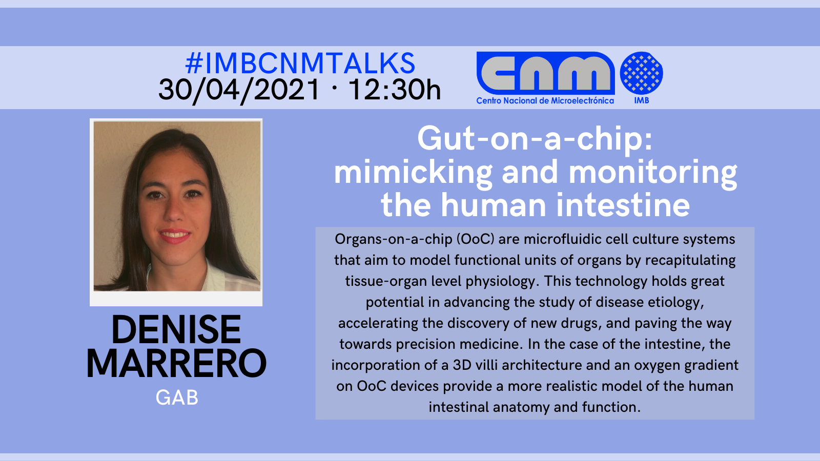 Denise Marrero IMB-CNM Talks on April 30th