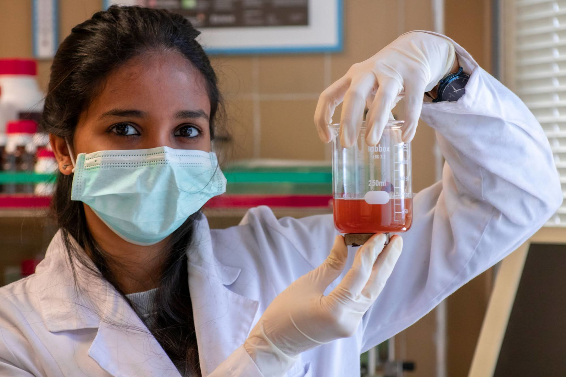 Jewel Ann Maria Xavier, ICMAB researcher, showing the magnetic nanoparticles synthetised for the Kardiatool project. | ICMAB-CSIC