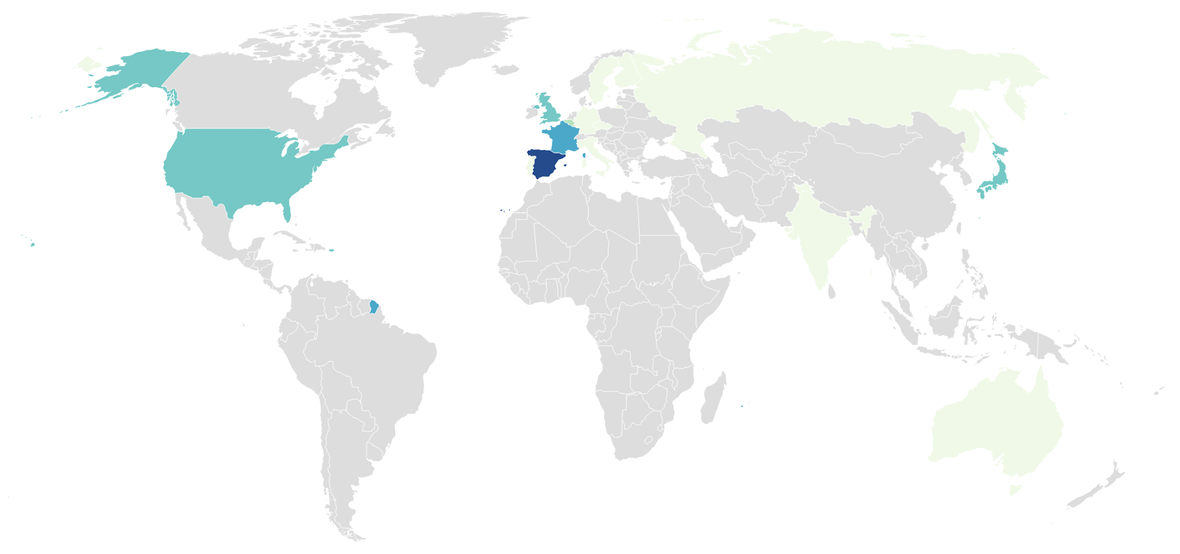 World map of countries and institutions in which our postdocs have worked