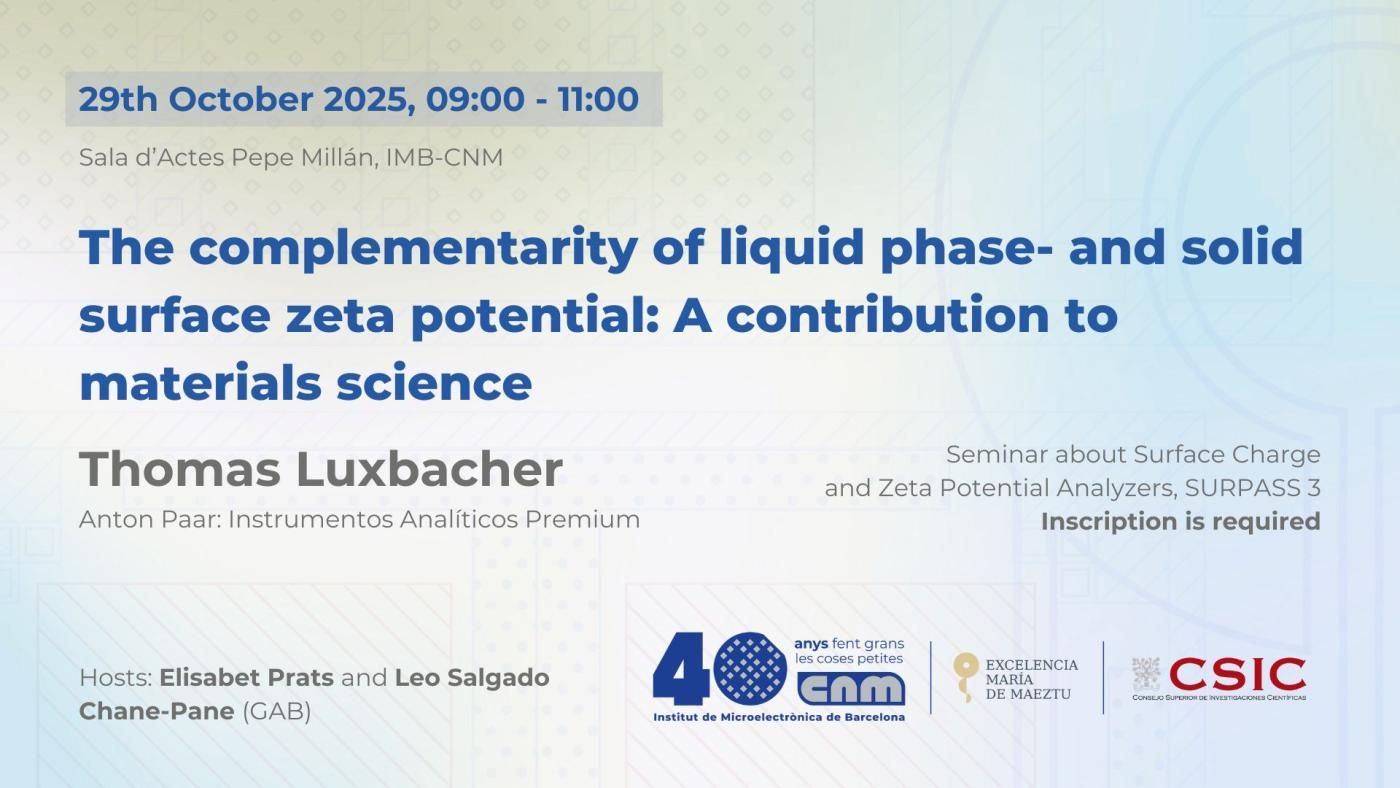 Invited Seminar: The complementarity of liquid phase- and solid surface zeta potential: A contribution to materials science on 29/10/2025 at IMB-CNM