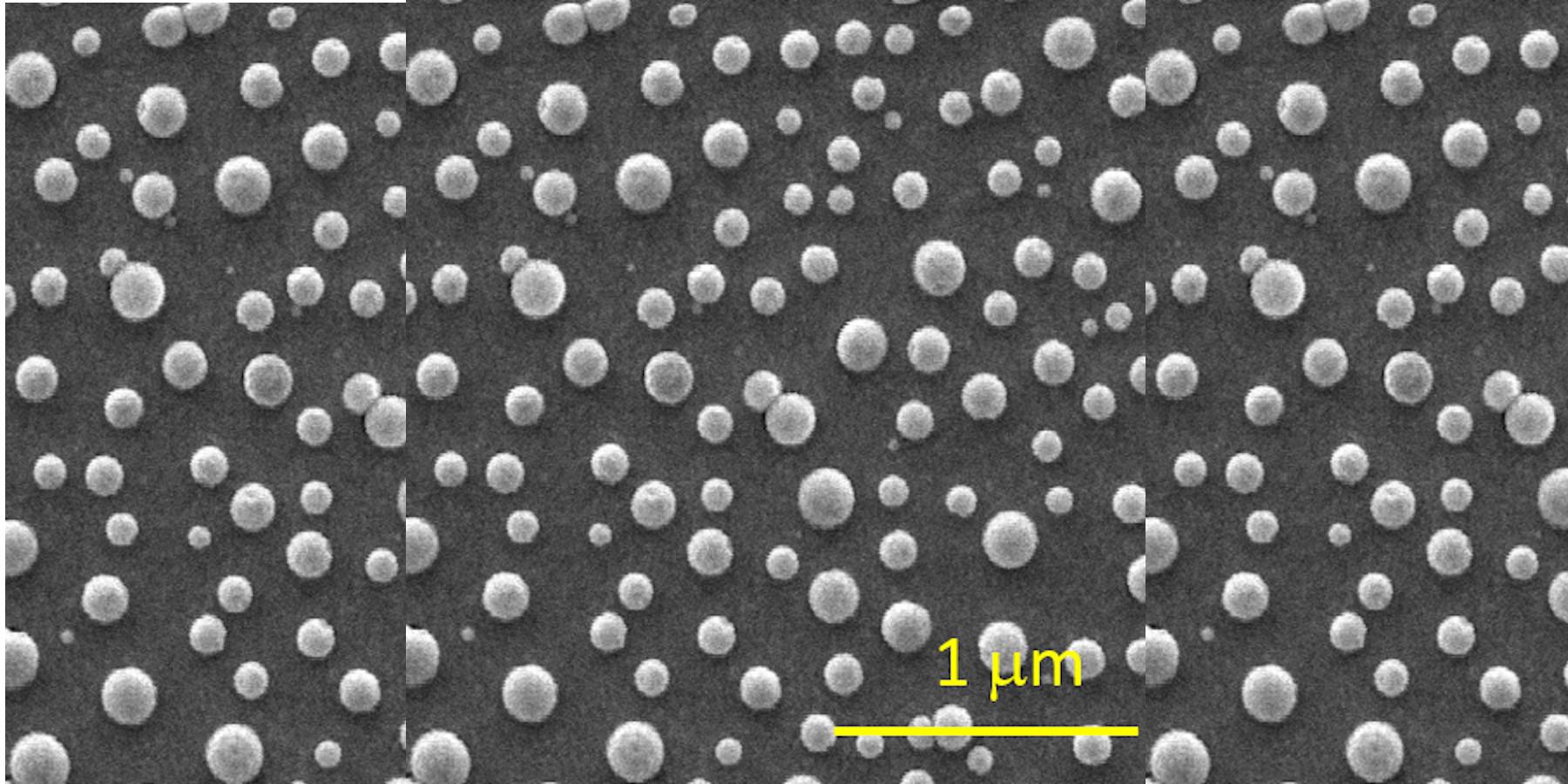 Imagen de microscopia electrónica de las nanocápsulas magnetoplasmónicas autoensambladas en una superficie de silicio