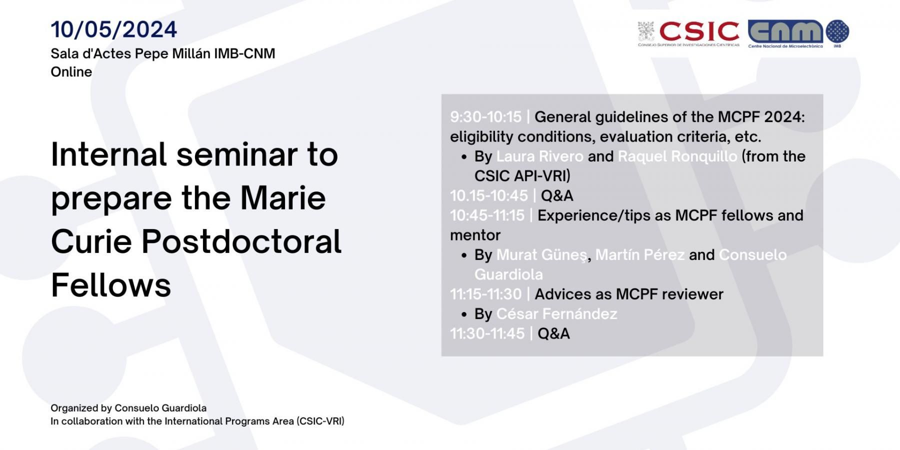 Internal seminar to prepare the Marie Curie Postdoctoral Fellows on May 10th