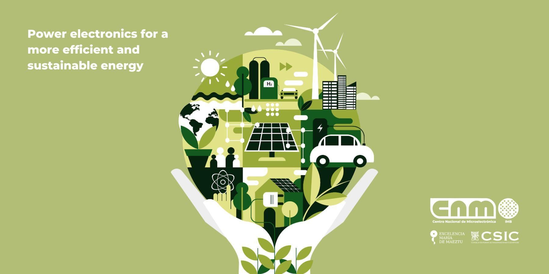 Composition with two hands holding a Green Earth and the text Power electronics for a more efficient and sustainable energy over a green background