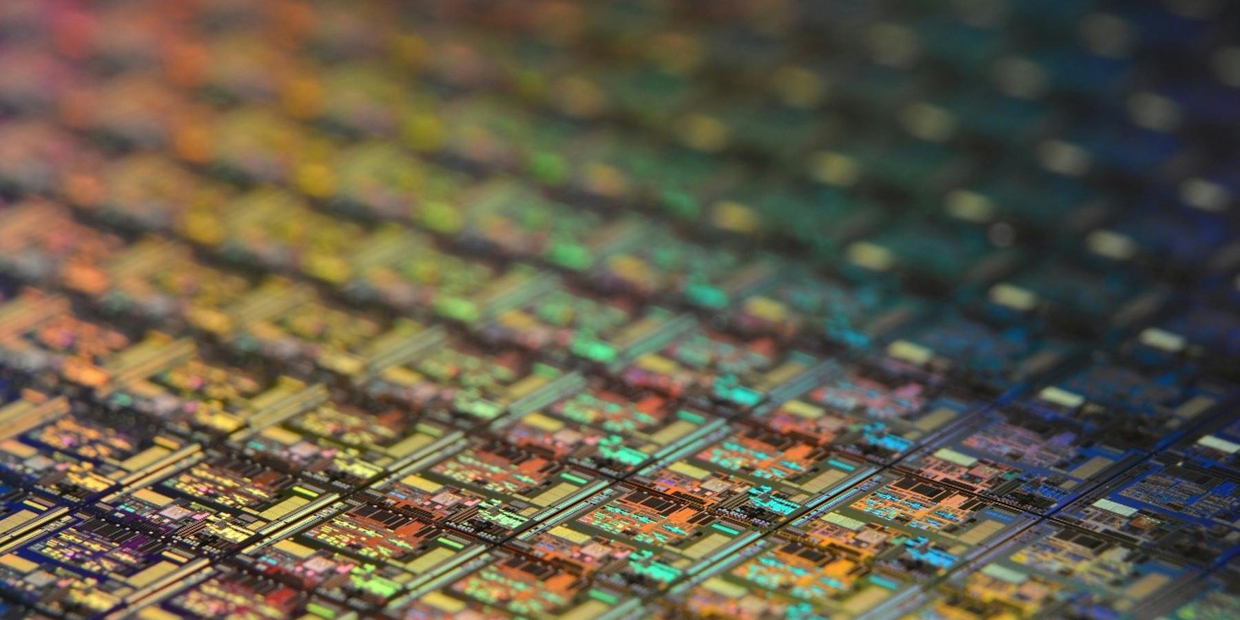 Detail of integrated circuits onto a processed wafer on many colors.