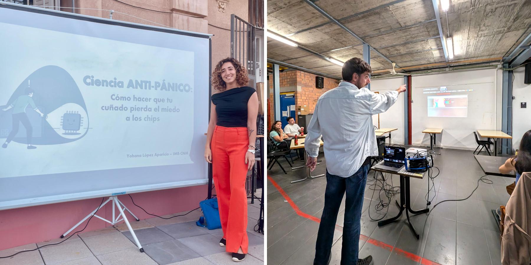 Collage of Yohana López and Ferran Pujol at their talks during the Pint of Science 2025