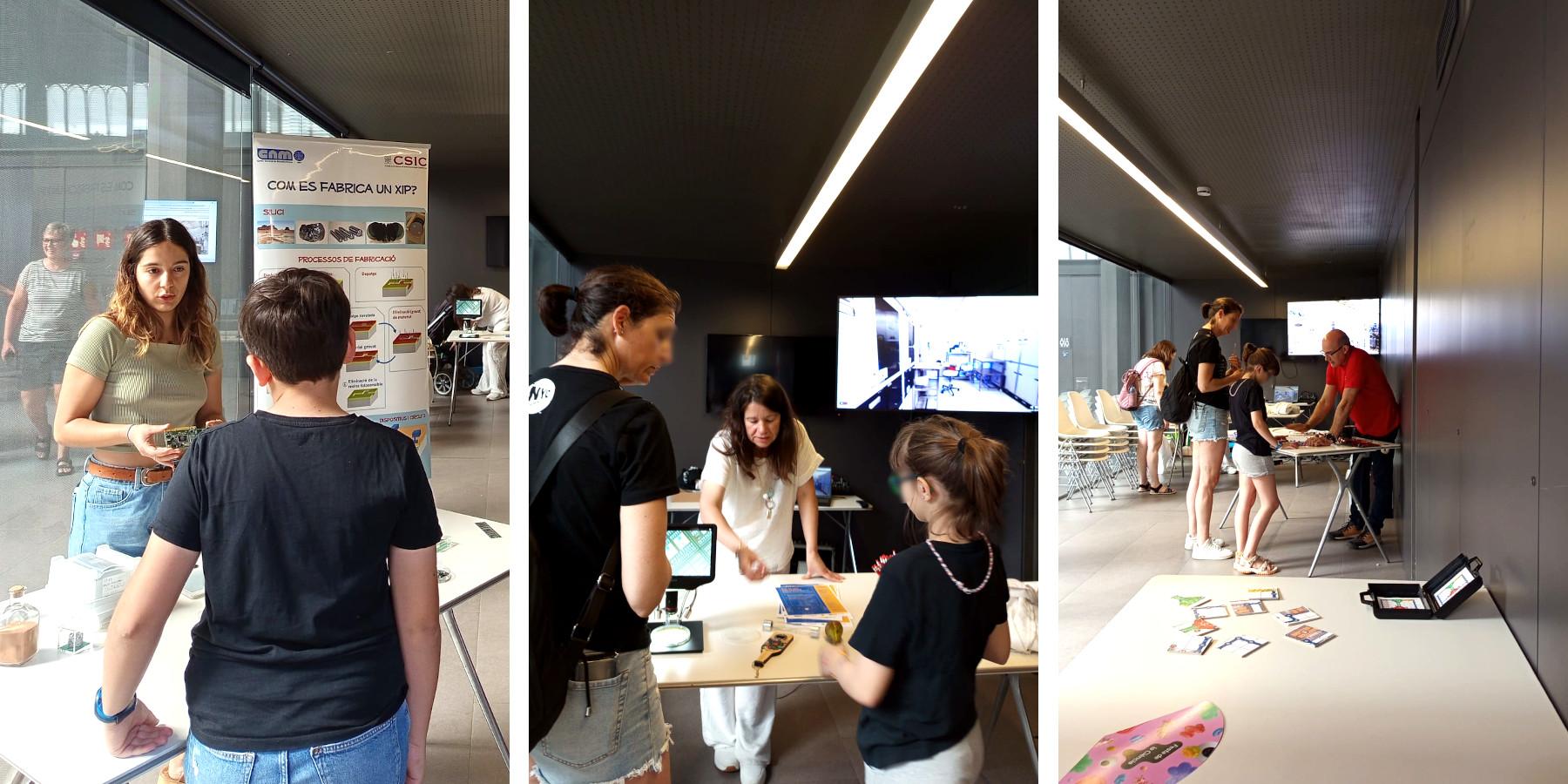 Muntatge amb les tres parts del taller divulgatiu sobre xips a la Festa de la Ciència 2025, amb (d'esquerra a dreta) Natalia Bermejo, Mireia Bargalló i Miguel Zabala