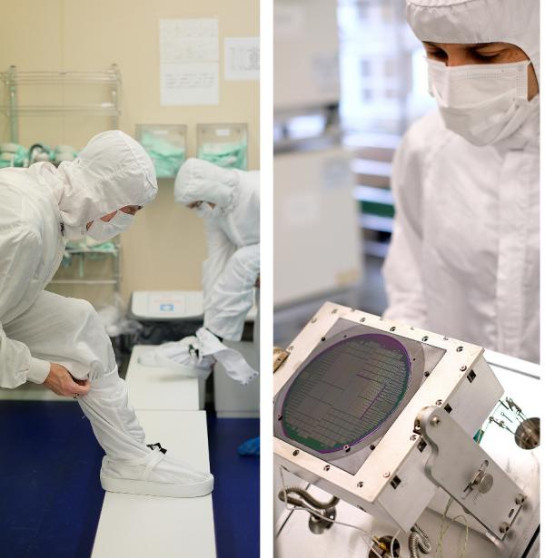 Montaje de cuatro fotos: la fachada del IMB-CNM, la zona de vestuario SAS de la Sala Blanca, una persona sosteniendo una oblea en la sala blanca y una oblea dentro de un equipo de spinning en la Sala Blanca