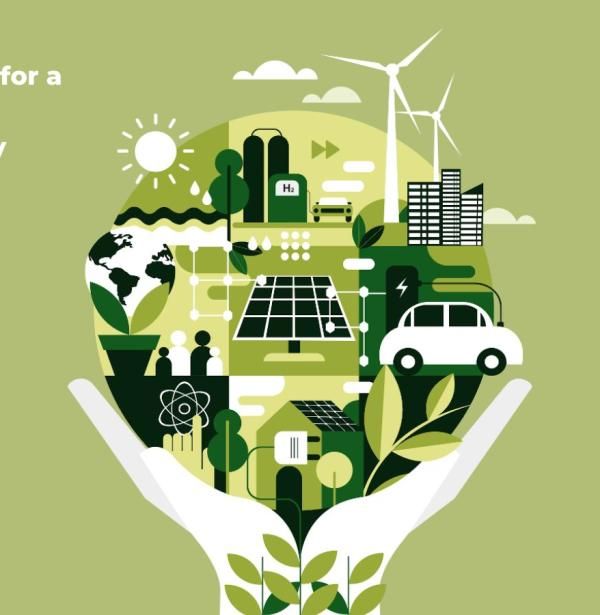 Composition with two hands holding a Green Earth and the text Power electronics for a more efficient and sustainable energy over a green background