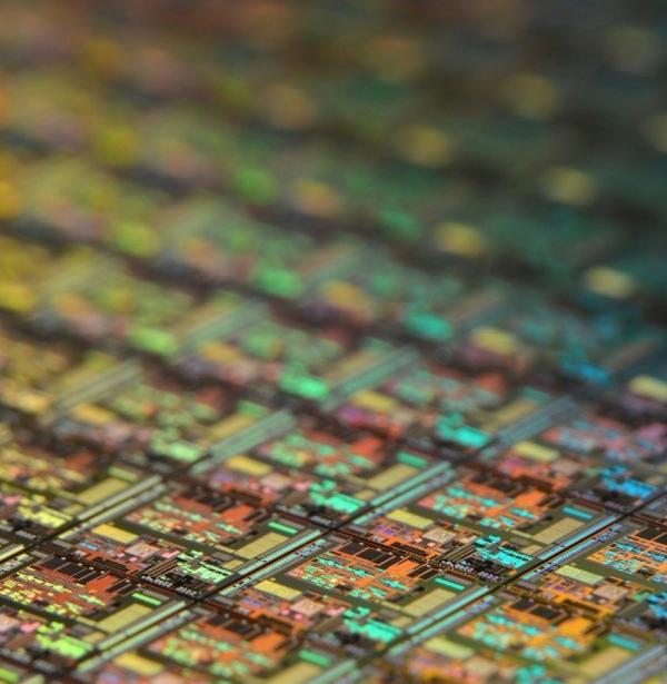 Detail of integrated circuits onto a processed wafer on many colors.