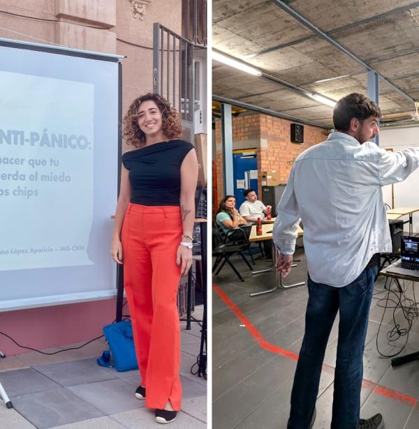 Collage of Yohana López and Ferran Pujol at their talks during the Pint of Science 2025