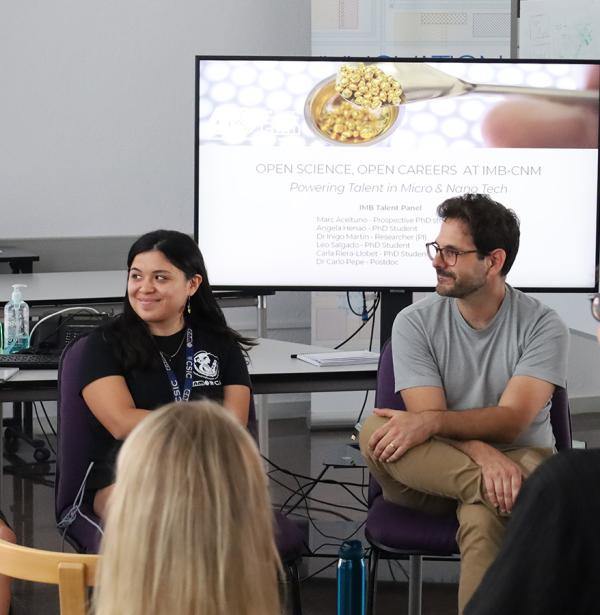 Round table with Marc Aceituno, Ángela Henao, Iñigo Martín and Carla Riera at Open Science, Open Careers at IMB-CNM on September 17th 2025